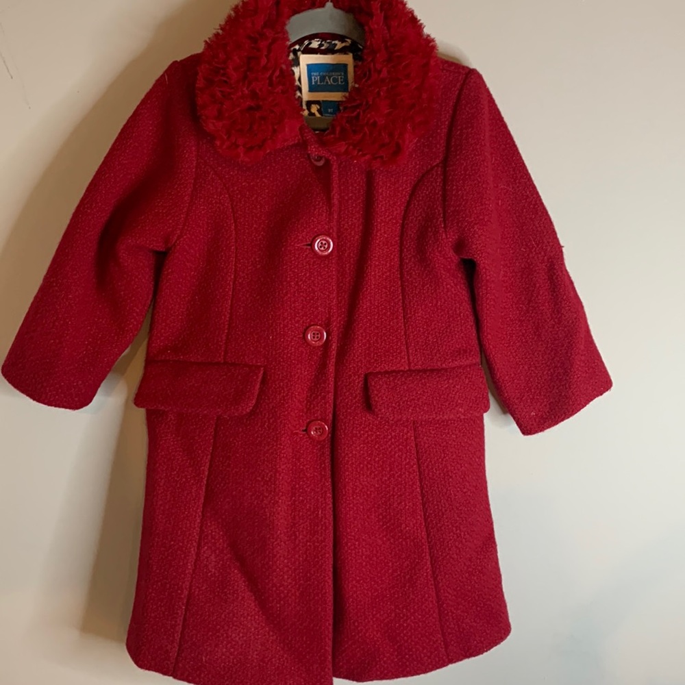 3T red wool coat with fur neckline.